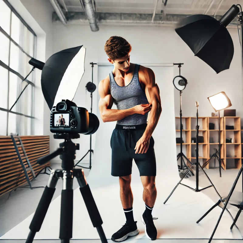 Fitness model preparing for a professional photoshoot